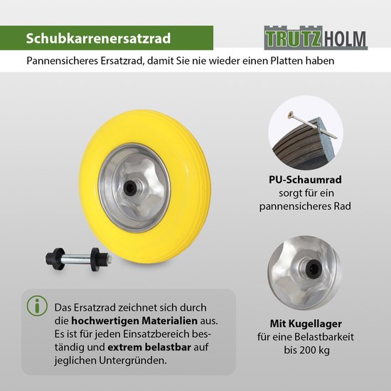 Kruiwagenwiel massief rubber 4.00-8 4.80 met as PU stalen velg 200 kg — afbeelding 5