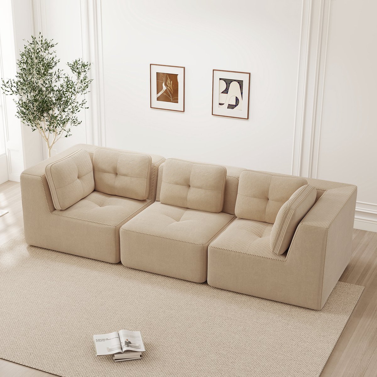 REDOM Modulaire 3-Zits Hoekbank – Diepe Zitting van 74 cm met 32D Schuim – Cordstof Bekleding – Beige – 297 x 104 x 69 cm