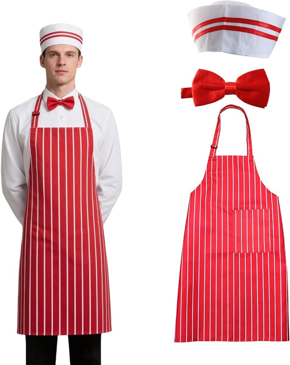Set van 3 Schorten en Koksbaret voor Mannen en Vrouwen, Keukenoutfit met Zakjes voor BBQ, Koken en Cosplay