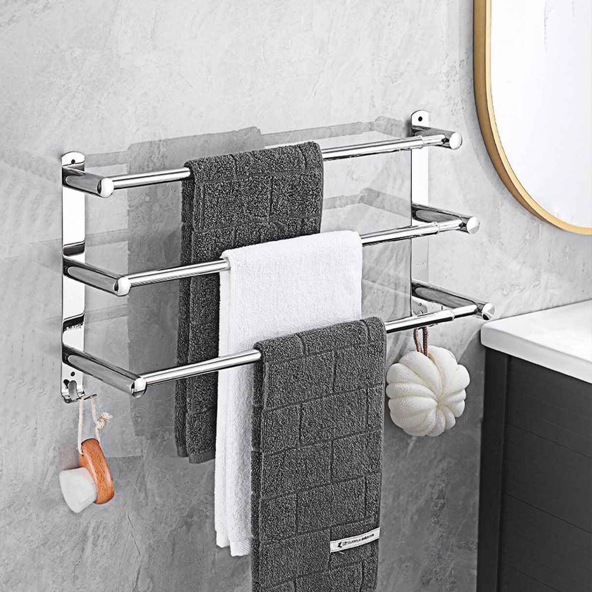 Dailygoods- Handdoekrails Verstelbaar 43-78 cm - Wandgemonteerde Handdoekhouder - Roestvrij Staal - Modern Design - Inclusief Haken - Zwart/Gepolijst