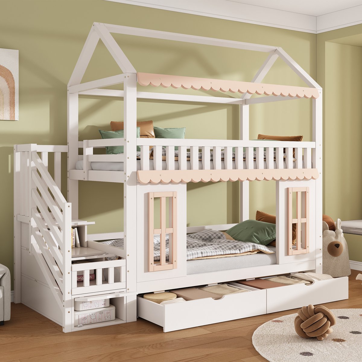 MODENUIT Stapelbed 90x200 cm – Huisvorm met ladderkast – 2 laden en opbergvakken – Zonder matras – Wit/Naturel