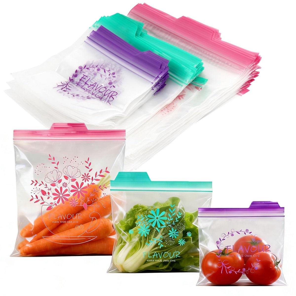 MTTproducts- Diepvrieszakken 180 stuks - Verzegelbare Plastic Zakken - Diepvrieszakken met Zipsluiting - Voedselopbergzakken - Maat 27x28/22x18/14x16cm - Duurzaam en Lekvrij - Voedselzakken