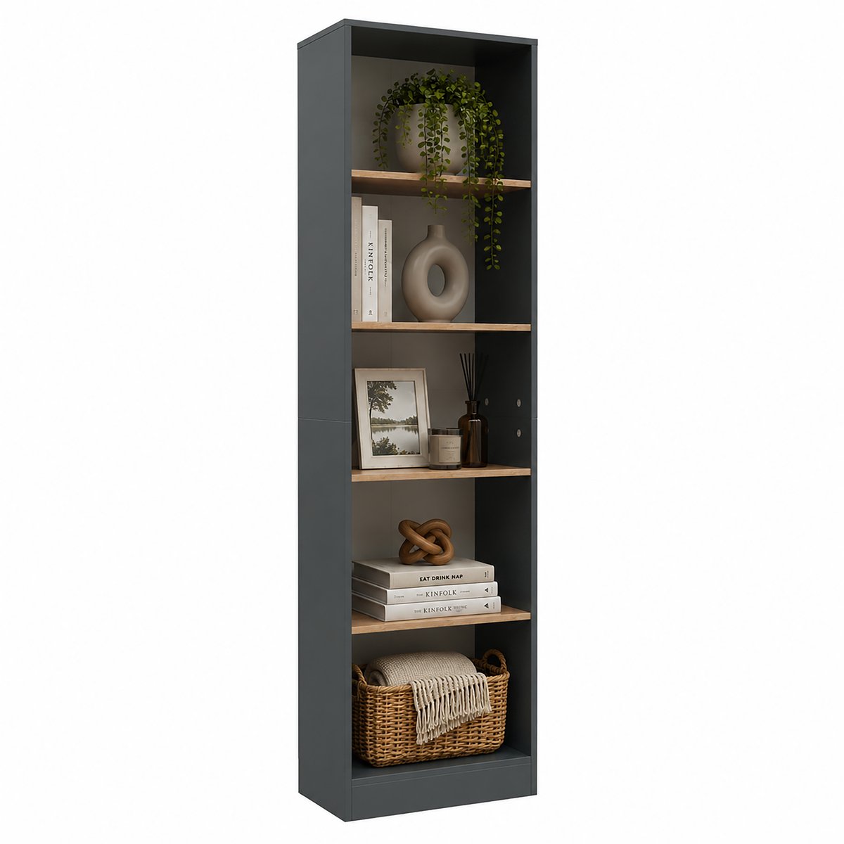 Vcm Bücherregal für Aktenordner, Büroregal mit 5 Fächern, H. 183 x B. 52 x T. 30 cm, Standregal für Homeoffice und Büro - Dilos Anthrazit / Honig-Eiche