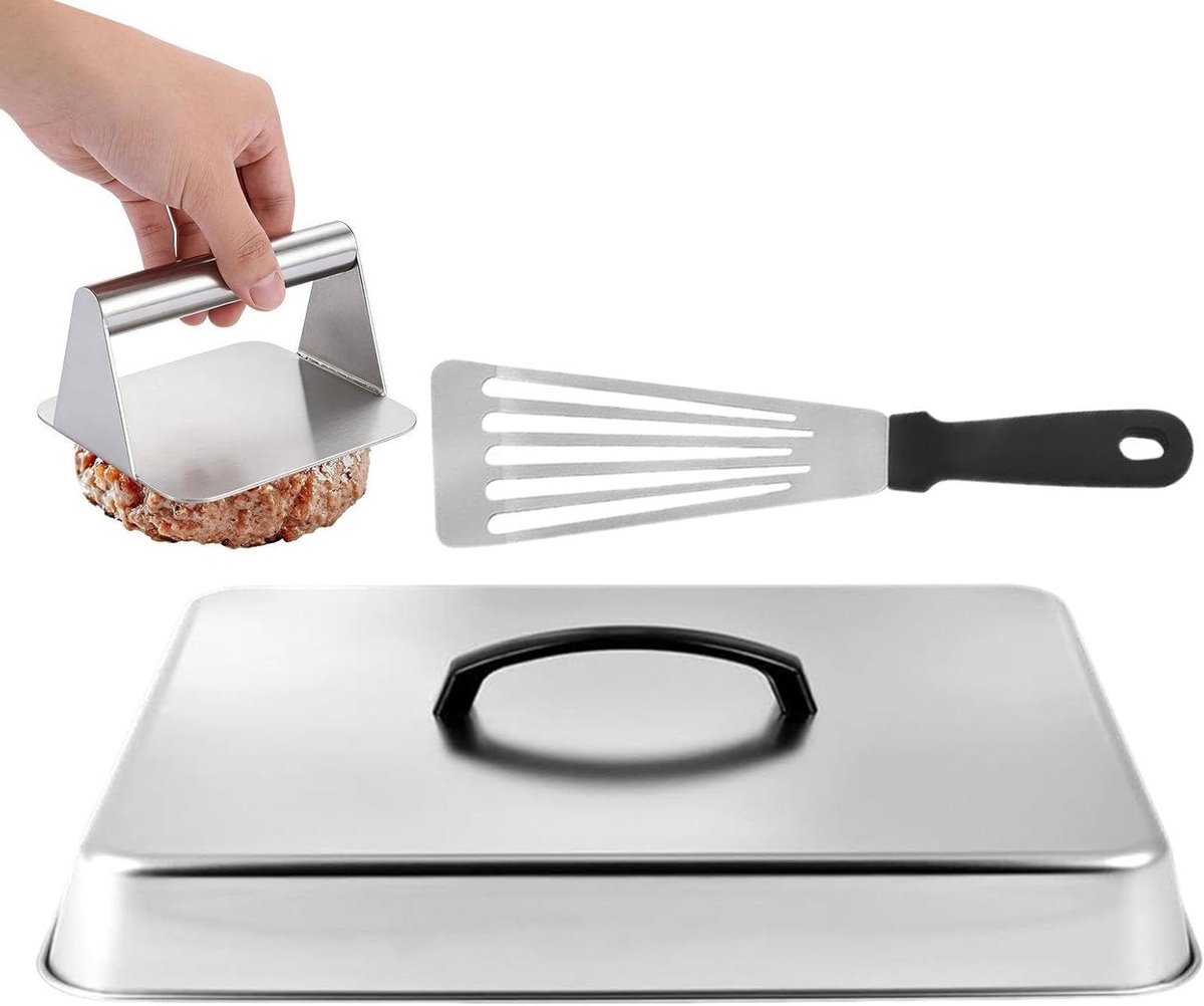 Genérico Para Plancha Rechthoekige stoomdeksel, grillkoepel van roestvrij staal met vleespers en spatel, voor keuken binnen en buiten, barbecue