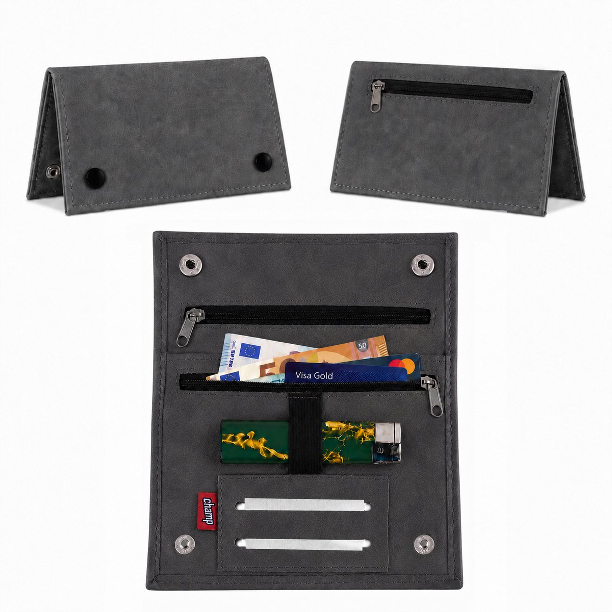 Champ Shag Etui - Tabak Etui - Kunstleer - 4 Vakken - Aanstekerhouder - Donkergrijs