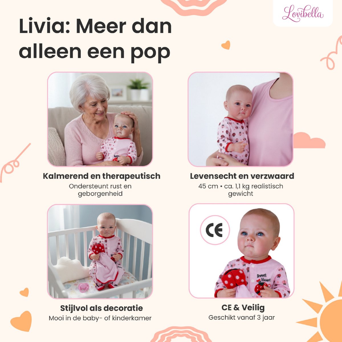 Lovibella® Livia Reborn Baby Pop Meisje - Levensechte Babypoppen - Dementie poppen - 45 cm - Complete Accessoires Set - Realistische Poppen - Zoals Echt - Zacht Vinyl - Doll Speelgoed 3 Jaar — afbeelding 2