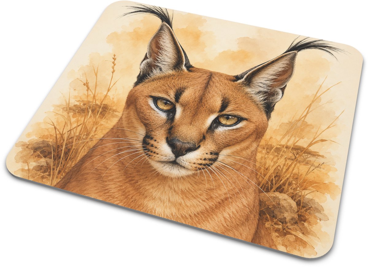 Muismat met caracal portret in aquarelstijl – woestijnkat met lange zwarte oorpluimen en warme savannekleuren voor bureau of cadeau