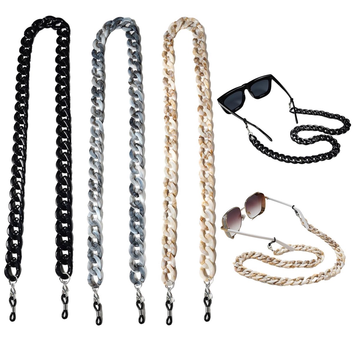 BRENZOOS- Brillenkettingen 3 stuks - Acryl - Antislip - Ketting voor Zonnebrillen/Leesbrillen - Lengte 72cm - Geschikt voor Dames - Brilketting