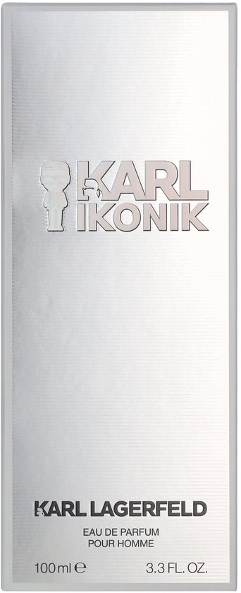 Zilverkleurige doos met "KARL IKONIK EAU DE PARFUM POUR HOMME 100ml" en "3.4 FL. OZ.".