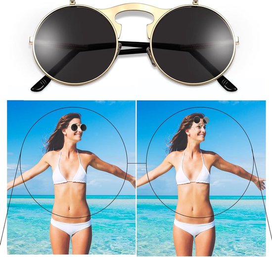 Zonnebril, openklapbaar, grappige steampunk-bril, grappige zonnebril, inklapbare glazen (gouden frame, grijze lens) — afbeelding 4