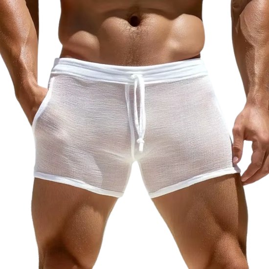 Boxer sexy pour homme - Blanc semi-transparent - Boxer transparent avec cordons - Caleçon pour homme - Lingerie pour homme - Sous-vêtement taille XXXL / 3XL