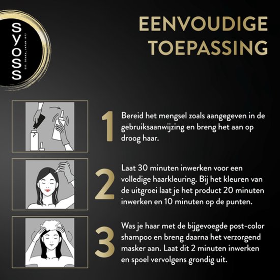 Syoss Oleo Intense haarverf instructies: 1. Mengen en aanbrengen op droog haar. 2. 30 min laten inwerken. 3. Wassen met post-color shampoo en masker.