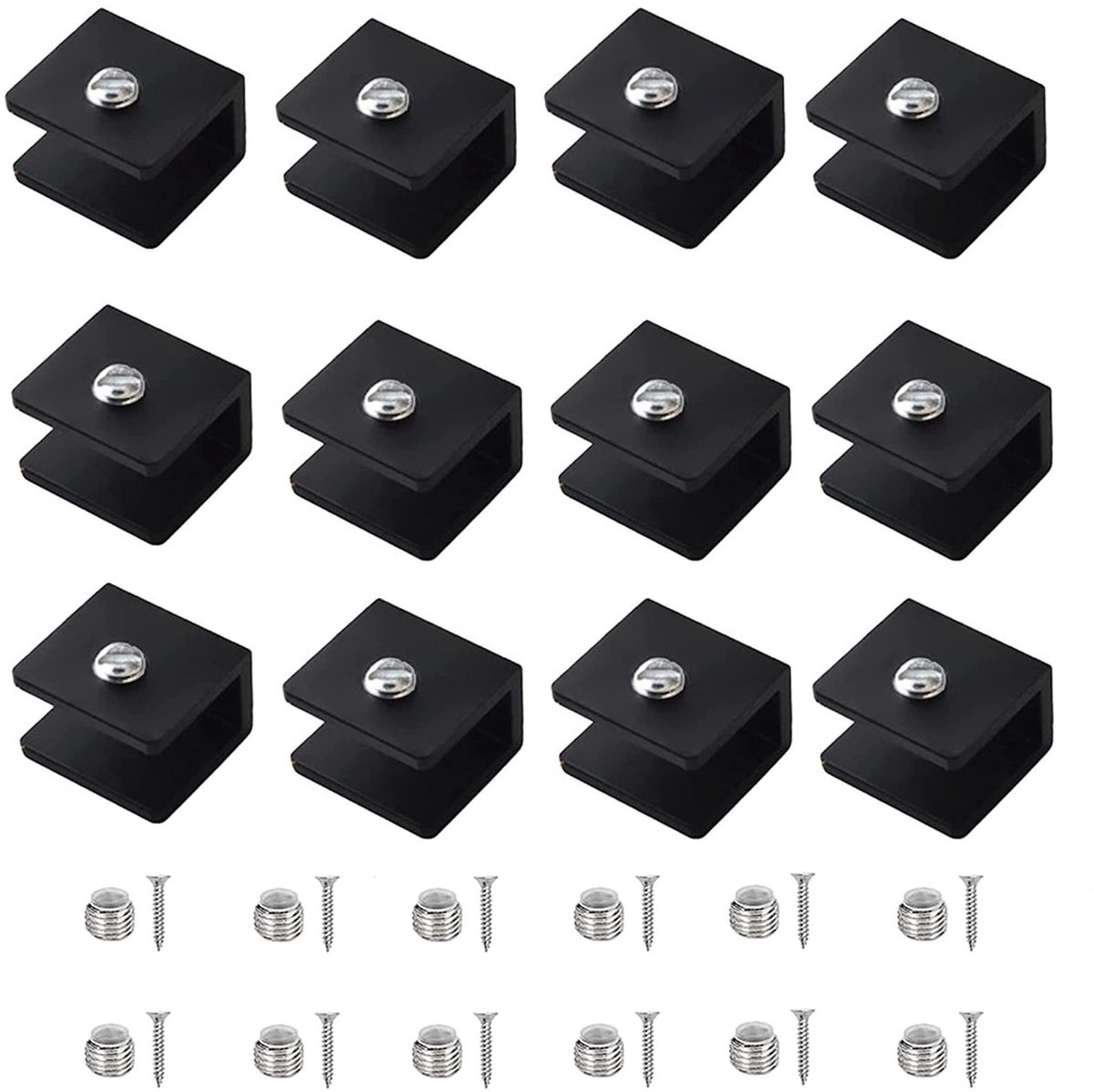 Dailygoods- Glassteun - Set van 12 - Aluminium - Verstelbaar - Voor glas 6-8 mm - Robuust en duurzaam - Geschikt voor binnen en buiten - Glasklem