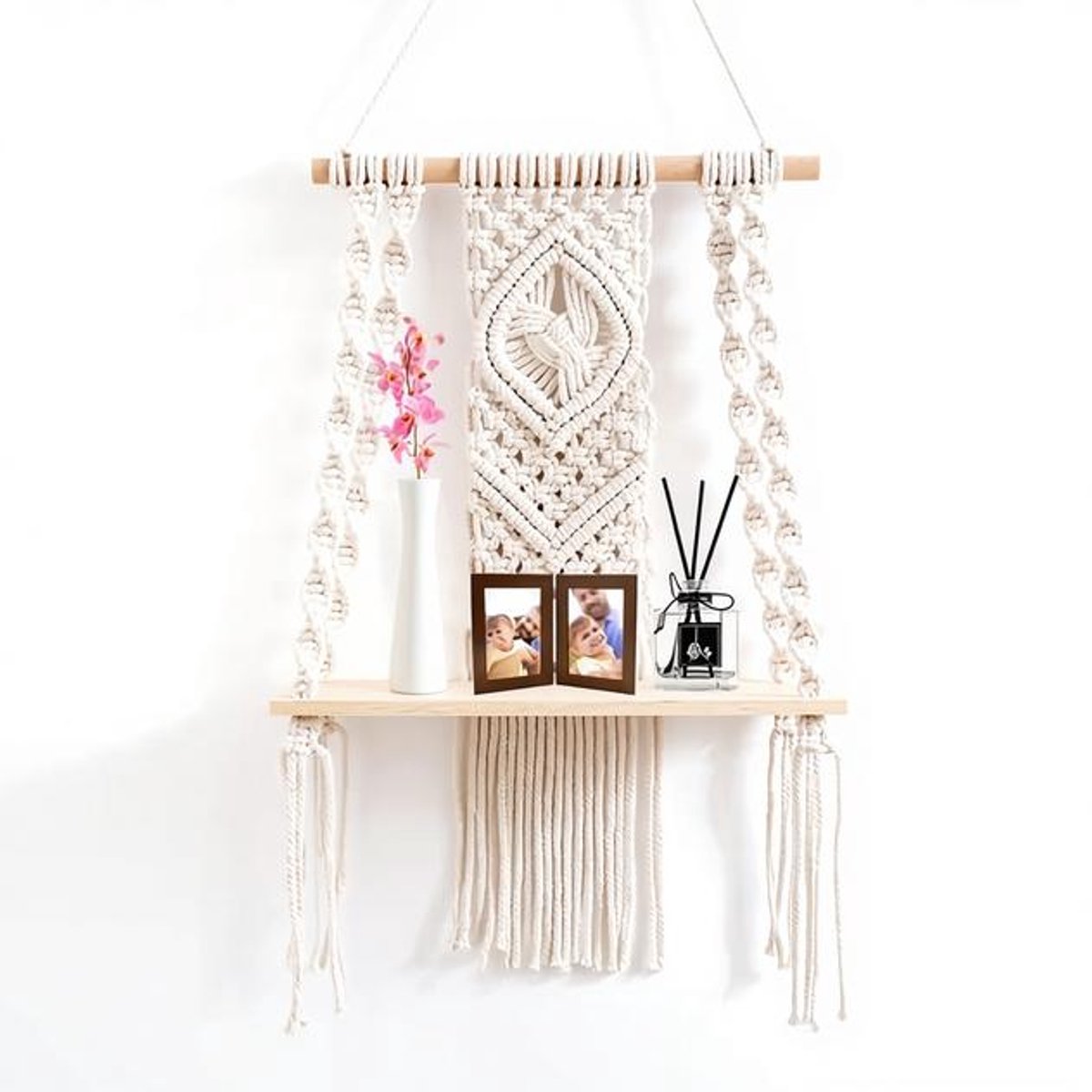 Maison Elara Boho Macramé Wandrek - Handgeweven Natuurlijk Hout Wanddecoratie - 32x15x50 cm - voor Woonkamer, Slaapkamer, Balkon, Hal