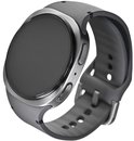 Donkergrijze smartwatch met zwart scherm en band.