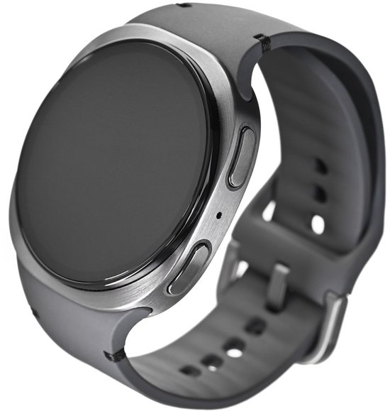 Donkergrijze smartwatch met zwart scherm en band.
