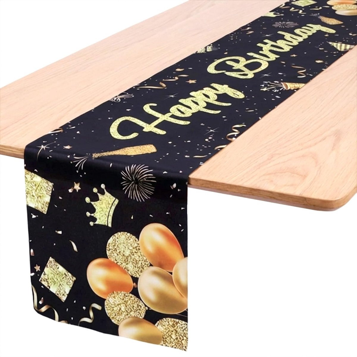 Dailygoods- Tafelloper Happy Birthday - 182 x 33,5 cm - Zwart - Polyester - Duurzaam - Eettafeldecoratie binnen/buiten - Tafelkleed