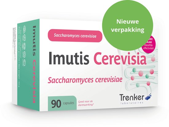 Doosje "Imutis Cerevisia" 90 capsules. Wit met groene "Nieuwe verpakking" cirkel en roze tekst.