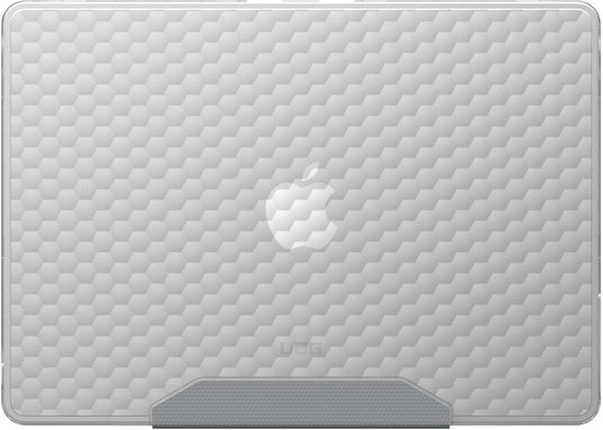 Coque d'ordinateur portable transparente avec motif nid d'abeille, logo Apple et logo UAG.