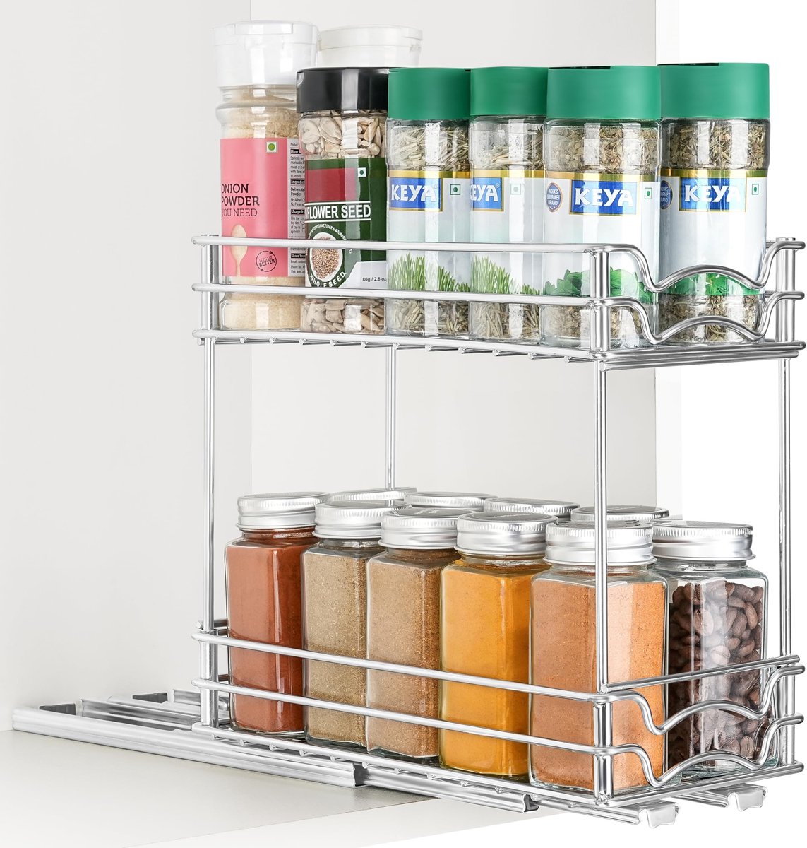 SOUQONE- Specerijenrek 2 Laags - Uitschuifbare Lades - Keuken Organizer - Gootsteen Organizer - Opslagoplossing - Duurzaam Ontwerp - Keukenorganizer