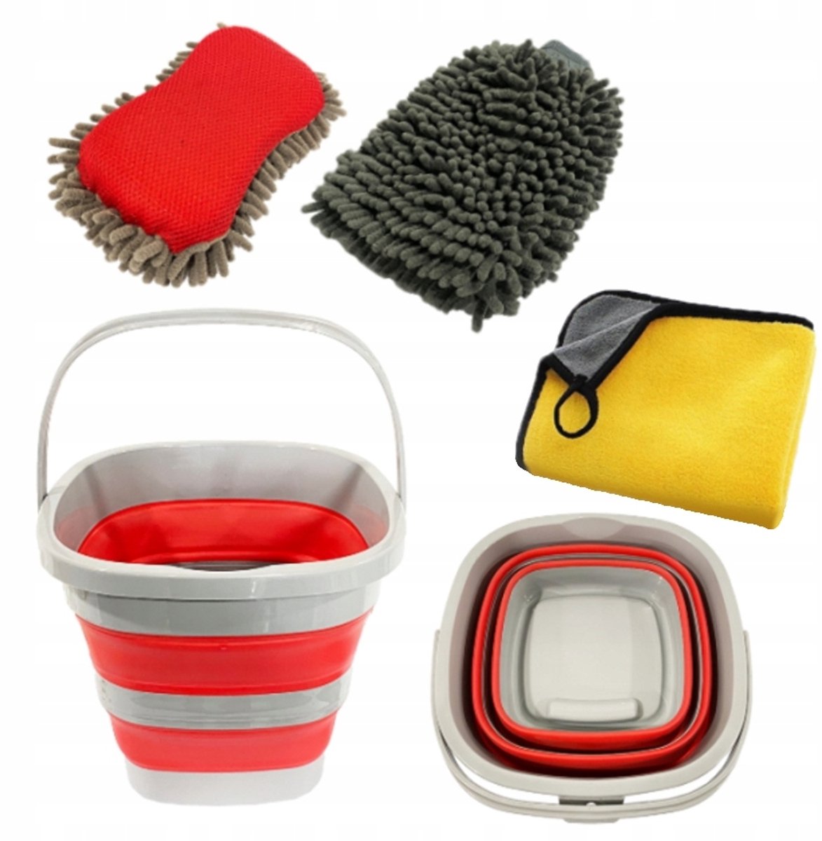 Autowasset: opvouwbare emmer, microvezeldoek, handschoenen en spons