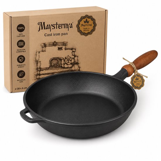 MAYSTERNYA Gietijzeren pan / Poêle en fonte – Ø28 × 6 cm, Geschikt voor inductie / Compatible induction, Houten handvat / Manche en bois, BBQ / Barbecue, Zwart / Noir – Ideaal als keuken cadeau / Cadeau cuisine (cadeaupakket / coffret cadeau)