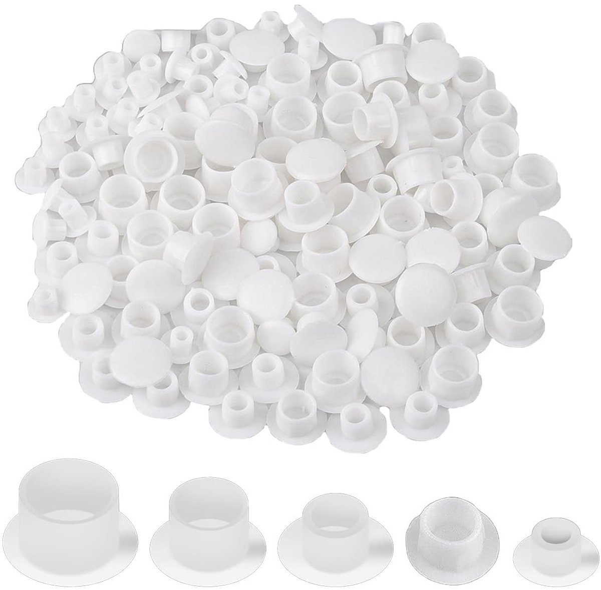 Dailygoods- Gatafdekkingen 100 stuks - Zelfklevend - Decoratieve Afdekkingen - Kunststof - Maten 5/6/8/10/12 mm - Wit - Doppen