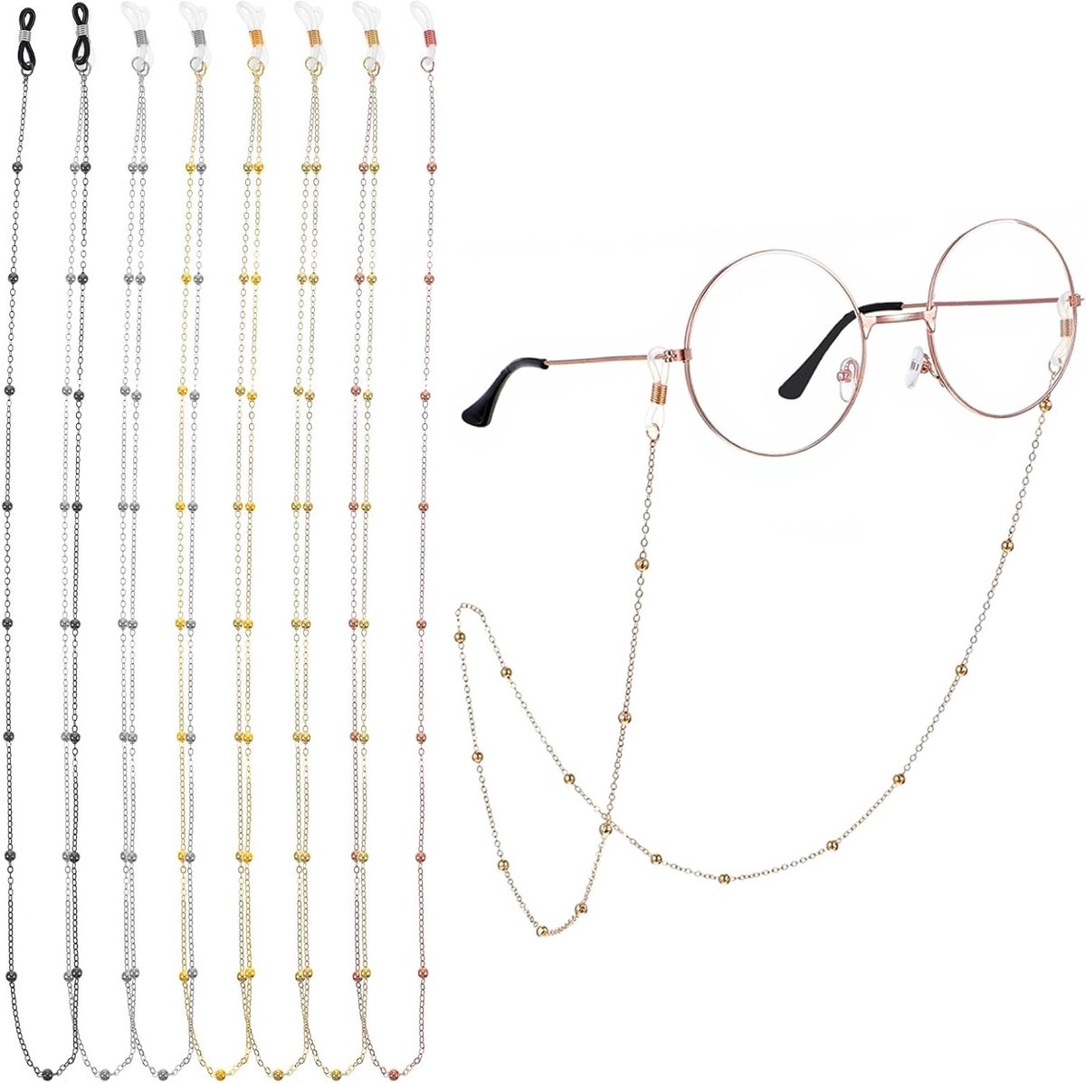 7-delige brillenketting voor dames en heren, verstelbare metalen brillenband, universele brillenkoord voor zonnebrillen en monturen, stijlvol en praktisch
