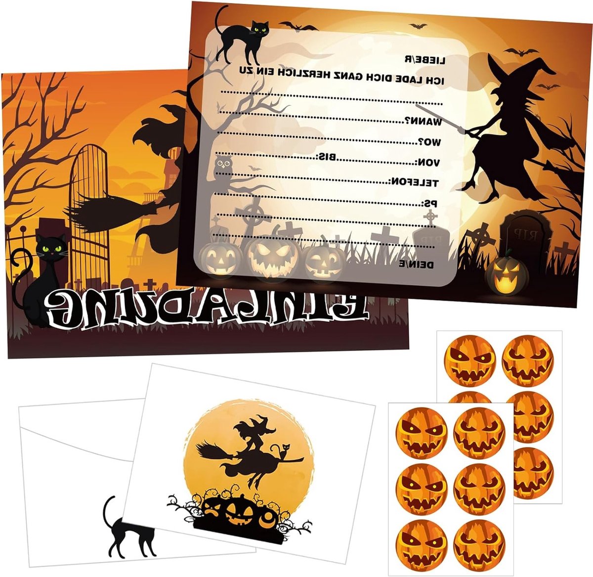 36 Halloween Uitnodigingskaarten met Enveloppen en Stickers voor Kinderfeestjes en Griezeldiners, Perfect voor Halloween Feesten en Verjaardagen