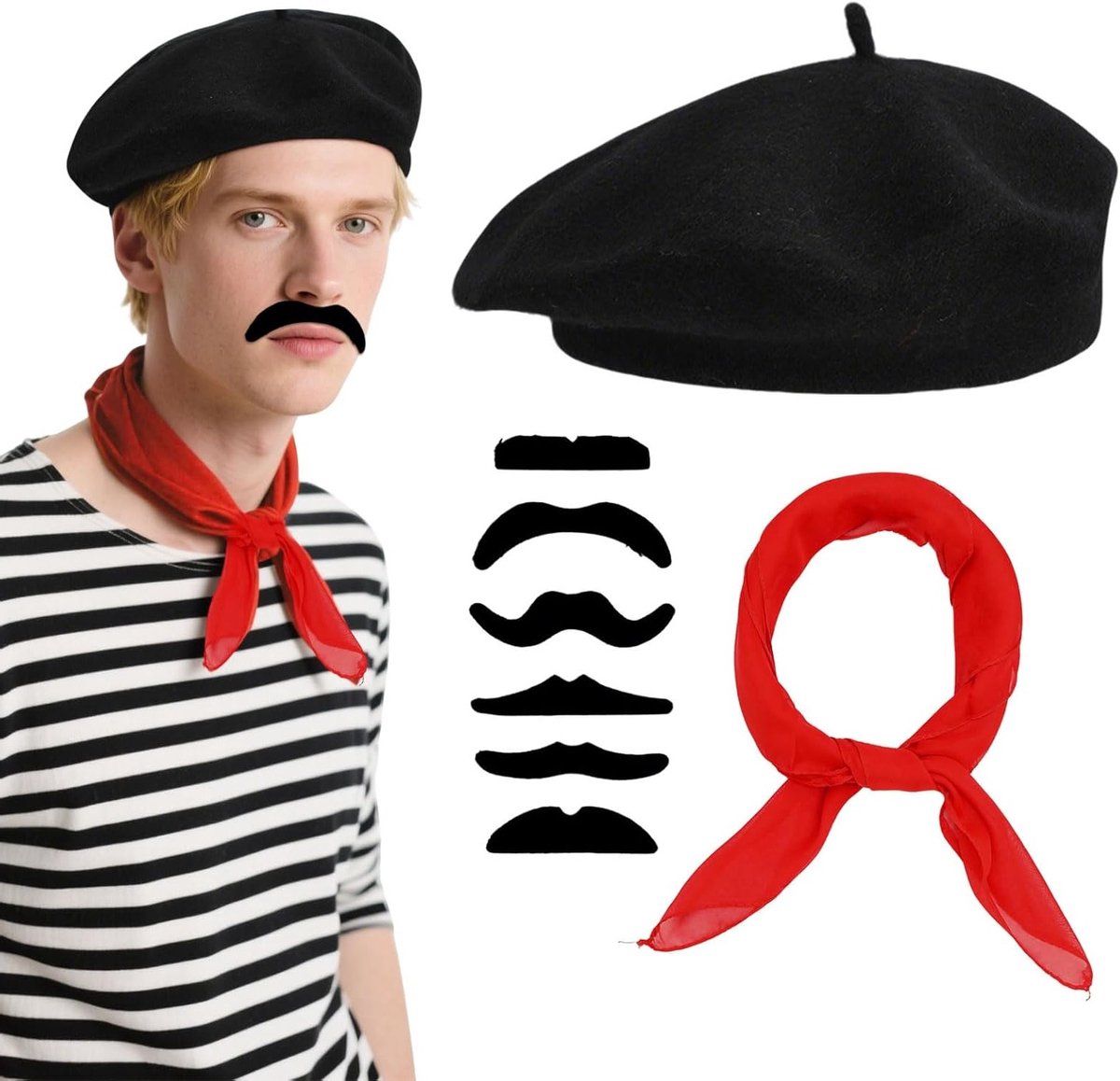 8-delig Set Franse Volwassenen Unisex Kostuum Accessoires met Baret, Snor en Sjaal voor Theatrale Optredens en Verkleedfeestjes