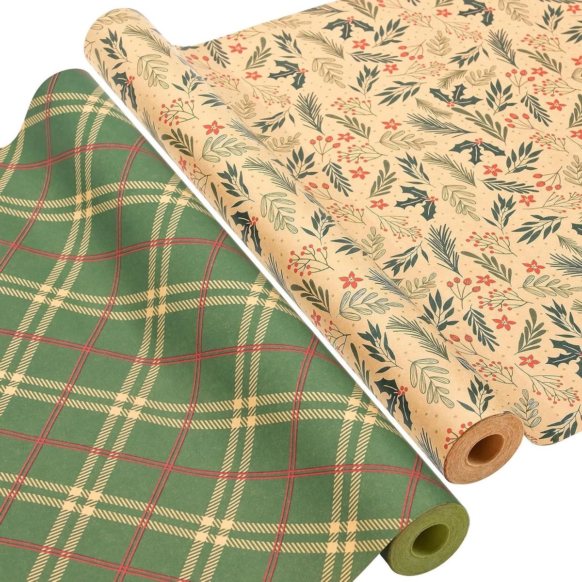 2 Rollen Recyclebaar Kerst Cadeau Inpakpapier van Kraft, 43cm x 15m voor Verjaardagen en Feestjes, Perfect voor Cadeauverpakking en Decoratie