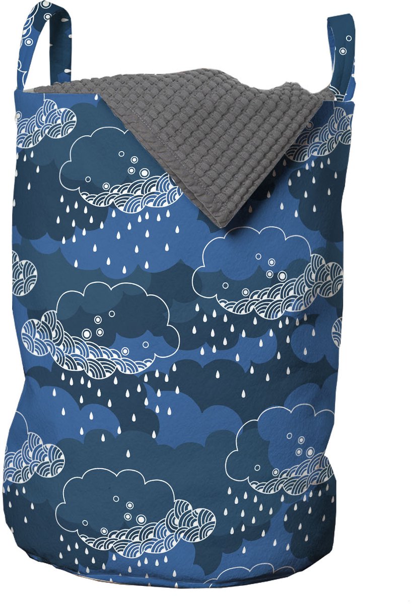 ABAKUHAUS blauw-witte waszak, regenwolken-grafica, wasmand met handvatten en trekkoord voor wasserettes, blauw donkerblauw