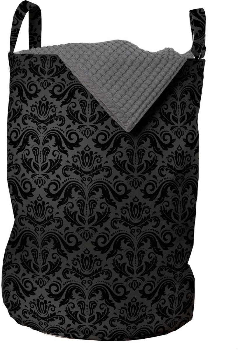 ABAKUHAUS donkergrijze waszak, zwarte damastbloemen, wasmand met handvatten en trekkoord voor wasserettes, Black Grey