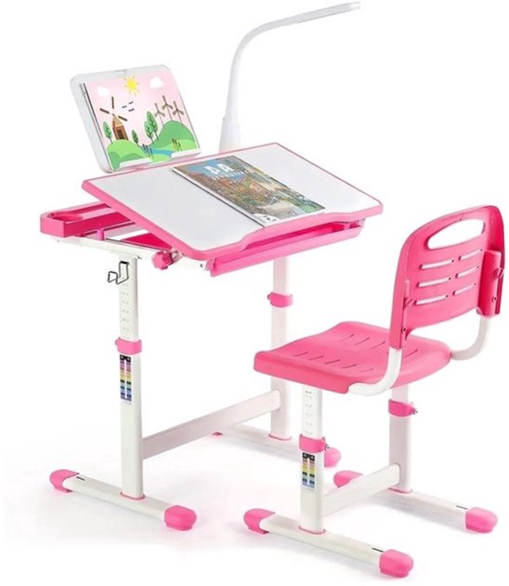 Ergonomisch Kinderbureau – Kinderbureau Met Stoel – Verstelbaar Bureau – LED Leeslamp – Ka