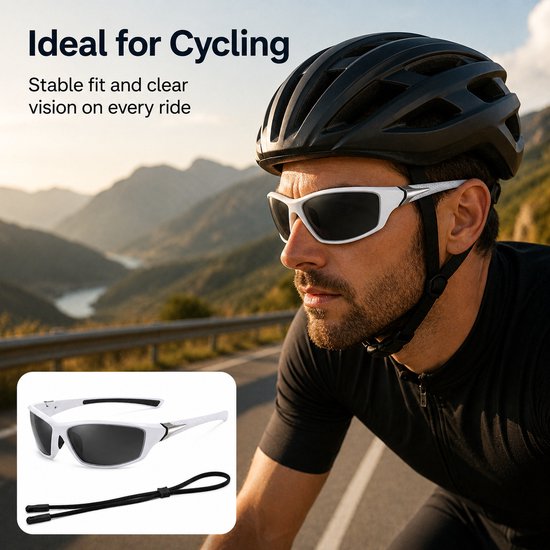 Gepolariseerde Sportzonnebril voor Heren - UV400 Bescherming Fietsbril en Hardloop Zonnebril - Ultralichte Visserszonnebril met Antislip PC Montuur - Inclusief Brillenband en Etui -Wit frame met grijze rand. — afbeelding 3
