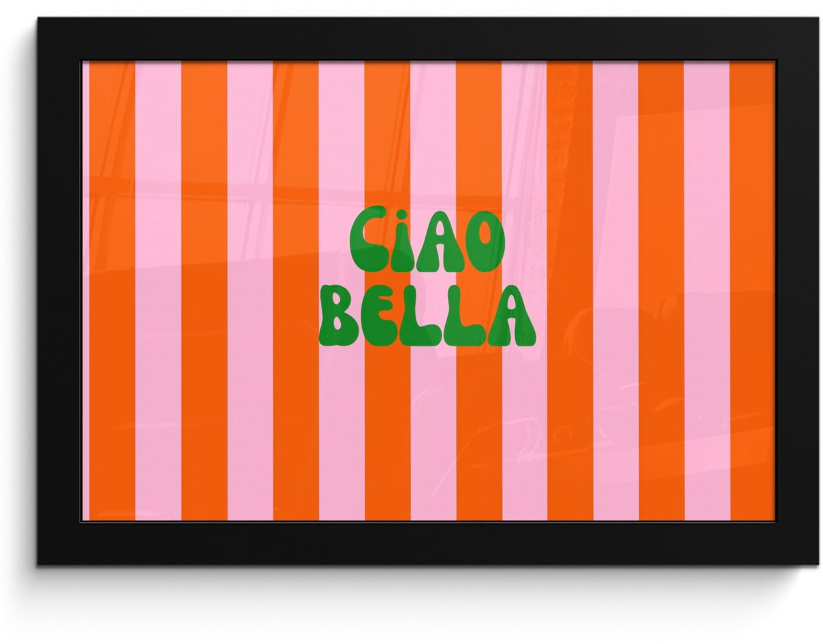 FrameYourWall Poster in lijst - Fotolijst 30x20 cm - Posters - Strepen - Oranje - Verticaal - Ciao bella - Posterlijst zwart - Decoratie - Wanddecoratie woonkamer - Muurdecoratie slaapkamer
