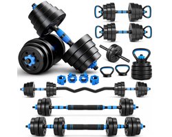 Sportfloww Dumbbells 28.5 KG – Halterset - Gewichten Set met Kettlebell, Barbell, EZ curl bar & AB roller – Verstelbare dumbells