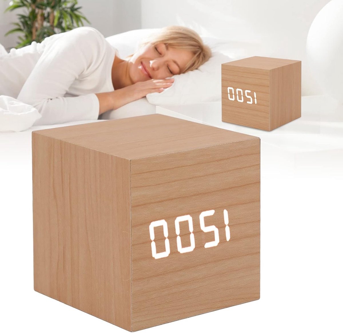Multifunctionele Houten LED Klok met Groot Scherm, 3 Helderheidsniveaus en Oogbescherming voor Thuis en Kantoor, Slimme Digitale Alarmklok