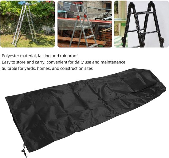 Zwarte, waterdichte polyester ladderhoes, opgevouwen en liggend.
