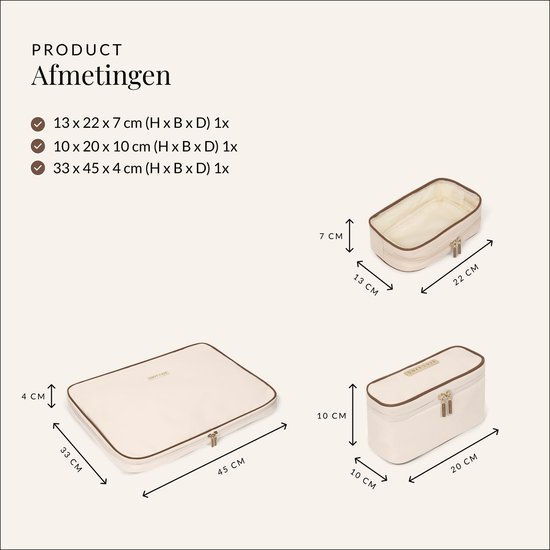 Drie crème kleurige packing cubes met bruine bies en ritsen, met afmetingen.