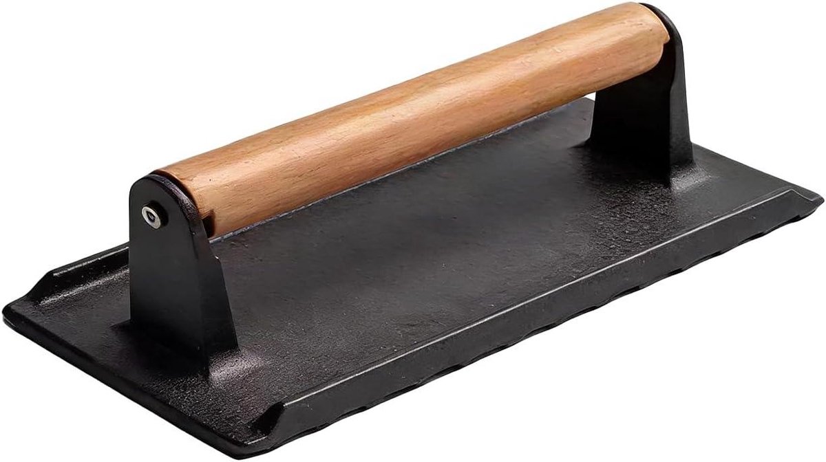 Grillpers Rechthoek - Kookgerei Pers - Maaltijd Prep - Houten Handvat - 16 x 8 cm - Zwart
