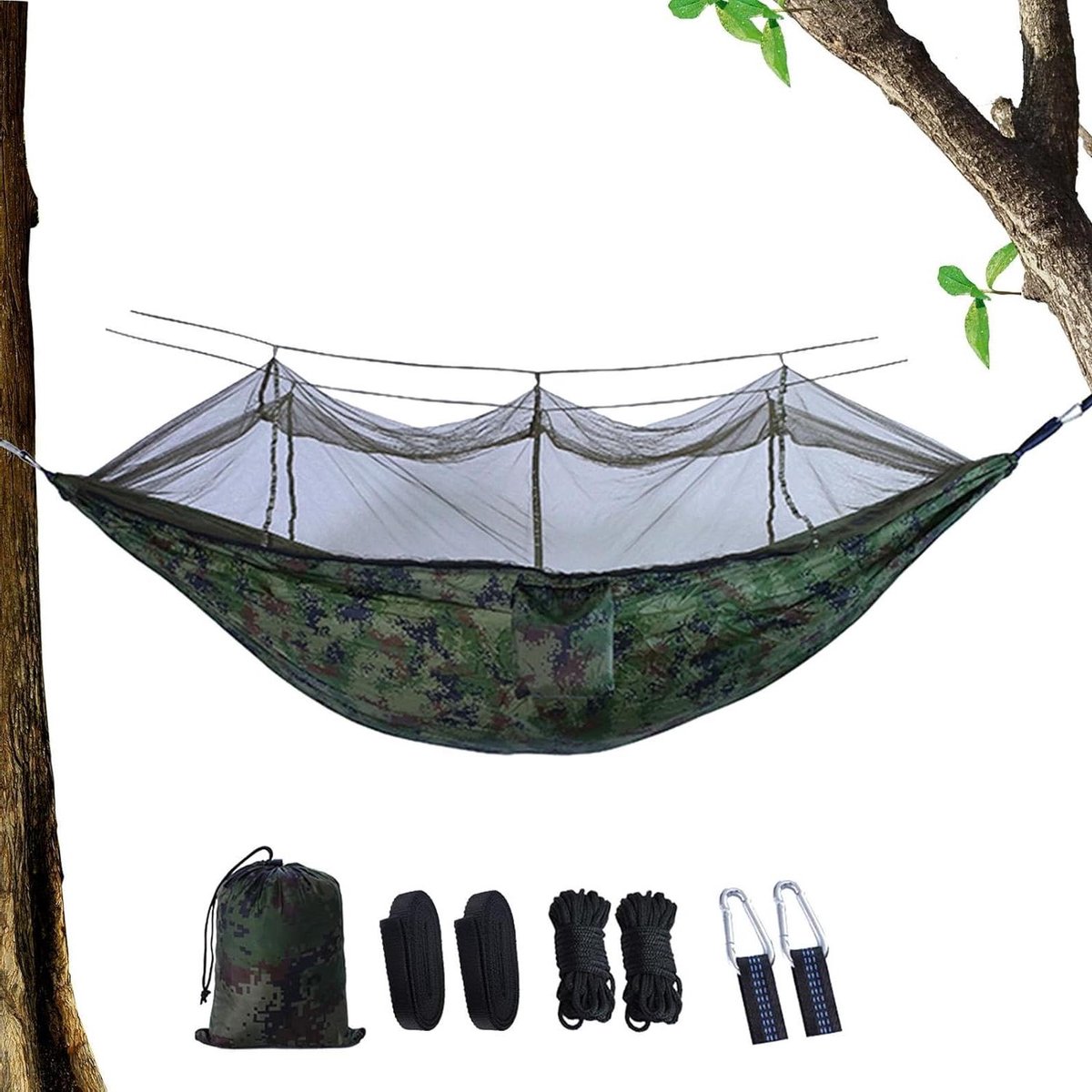Camping Hangmat - Reis Hangmat - Buiten Ontspannen - Geïntegreerd Vliegengaas - 220 x 140 cm - Camouflage