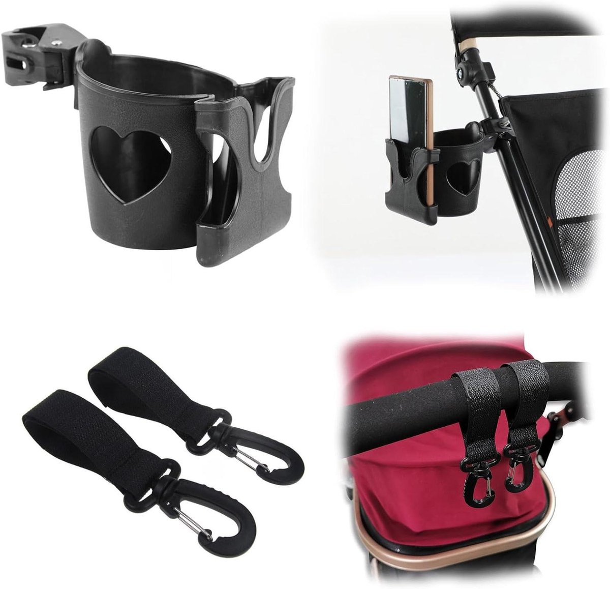Bekerhouder Kinderwagen - Accessoire Set - Onderweg Gemak - Met Telefoonhouder - Verstelbare Klem - Zwart