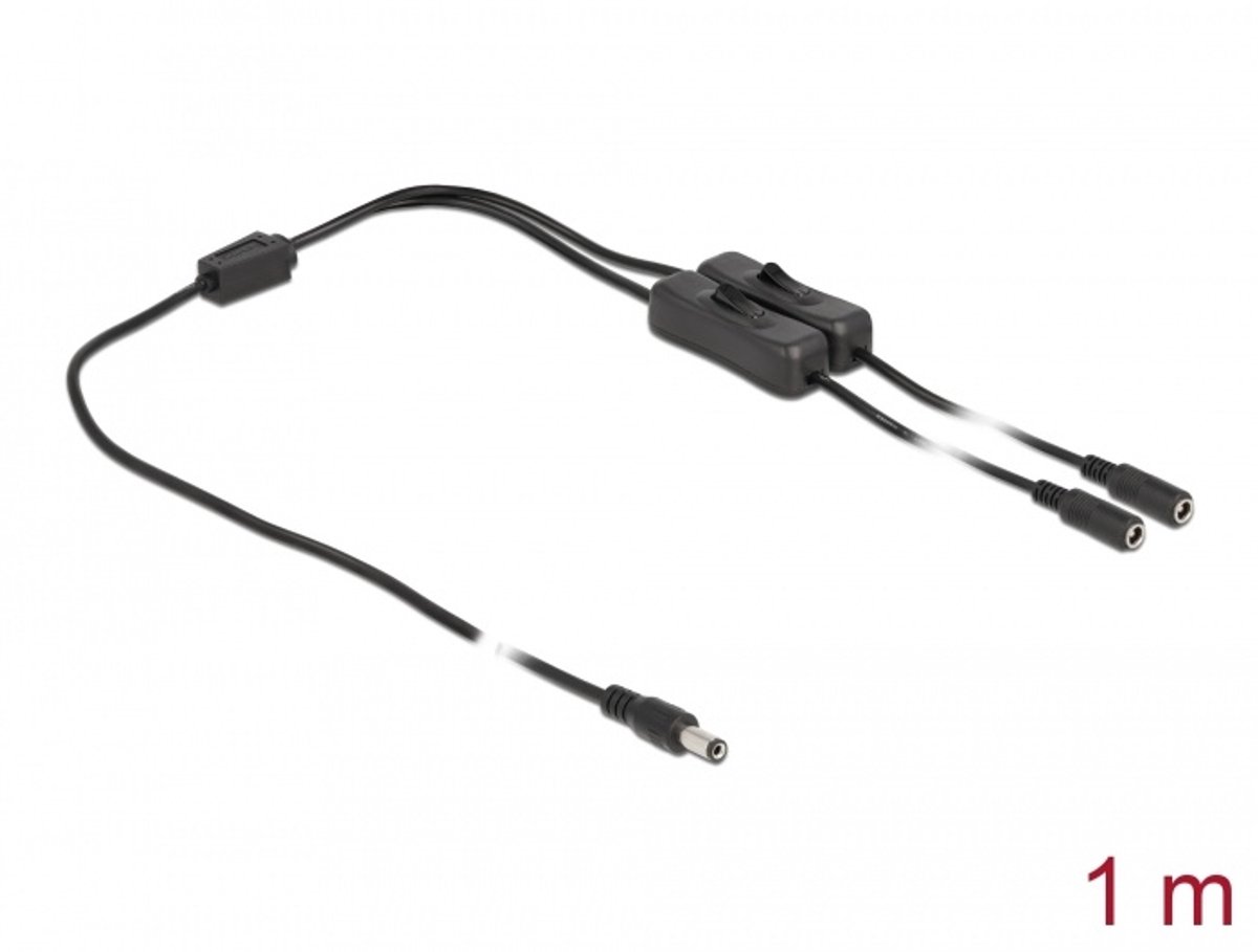 Kabel DC 5.5 x 2.1 mm mannelijk tot 2 x DC vrouwelijk met schakelaar 1 meter