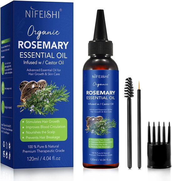 NIFEISHI Organic Huile Essentielle de Romarin infusée à l'huile de Ricin, 120ml, avec brosse applicateur et peigne.