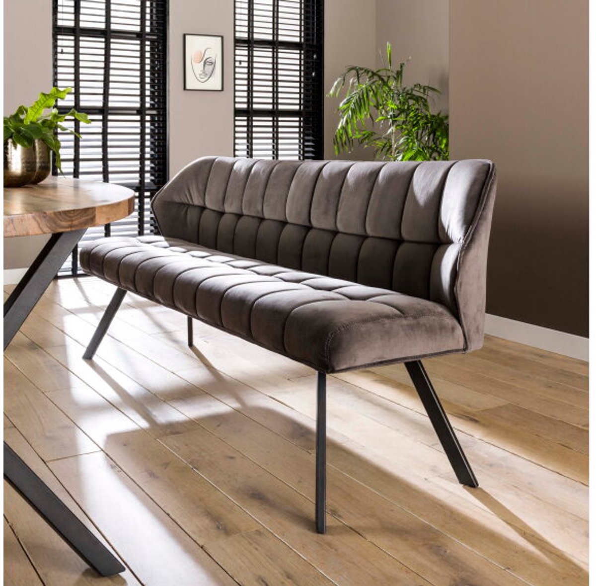 Eetkamerbank Raster Velvet - Antraciet - 180x58x81 cm