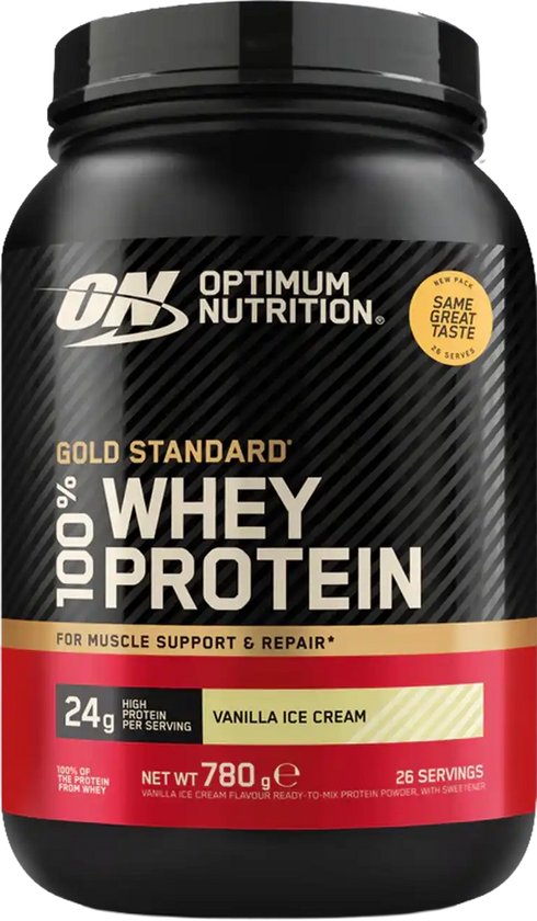 Zwarte pot Optimum Nutrition Gold Standard 100% Whey Protein vanille-ijs smaak met gouden, rode en witte etikettering. 24g eiwit per portie.
