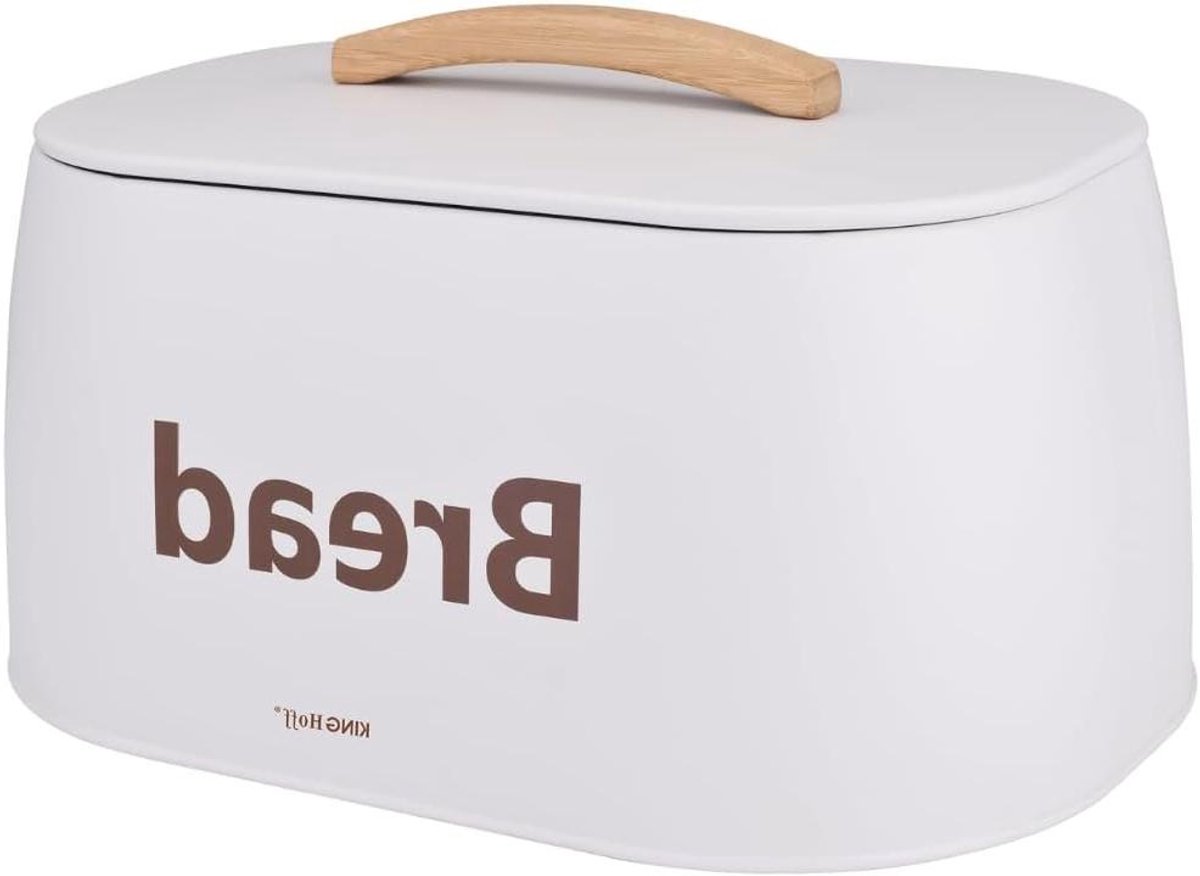 Metalen Broodtrommel - Broodmand Keuken - Brood Vers Houden - Houten Handvat - 34x24x18.5 cm - Wit