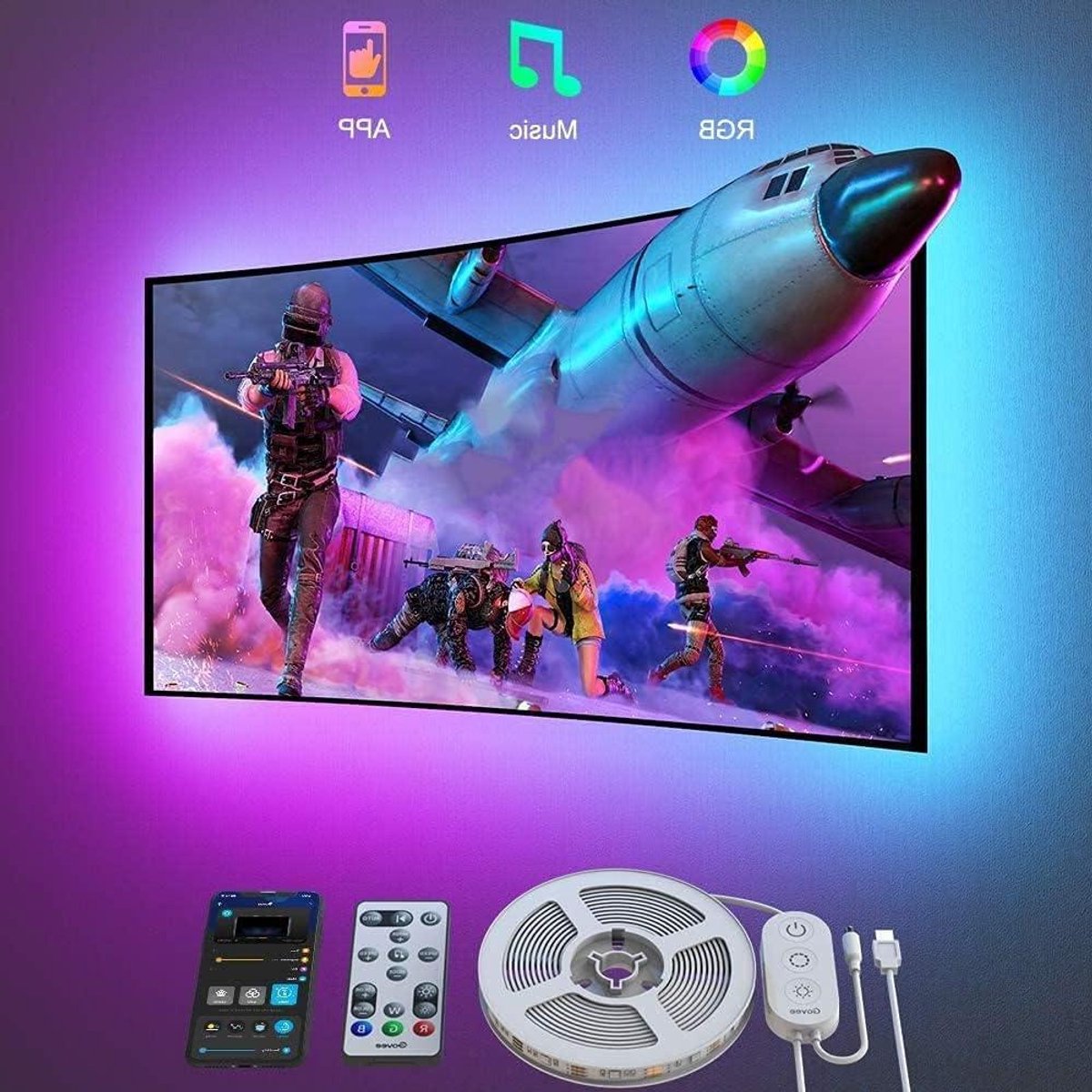 LED Verlichting Strip - TV Achtergrondverlichting - Sfeerverlichting Thuis - Bluetooth Bediening - 46-60 Inch - Zwart