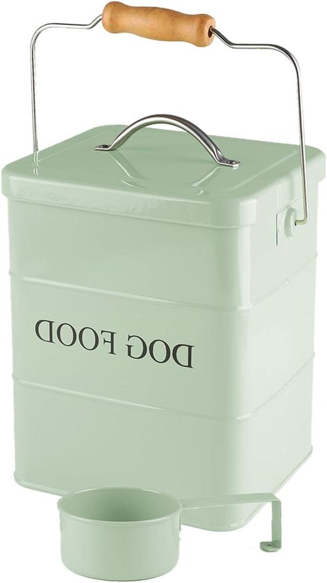Lichtgroene 'DOG FOOD' container met houten draaggreep, metalen handgreep en maatschepje.